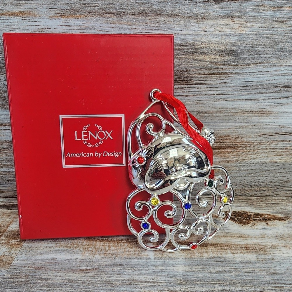 Lenox Sparkle and Scroll Multi-Crystal Santa Ornament Silverplate 851325 Boxed
